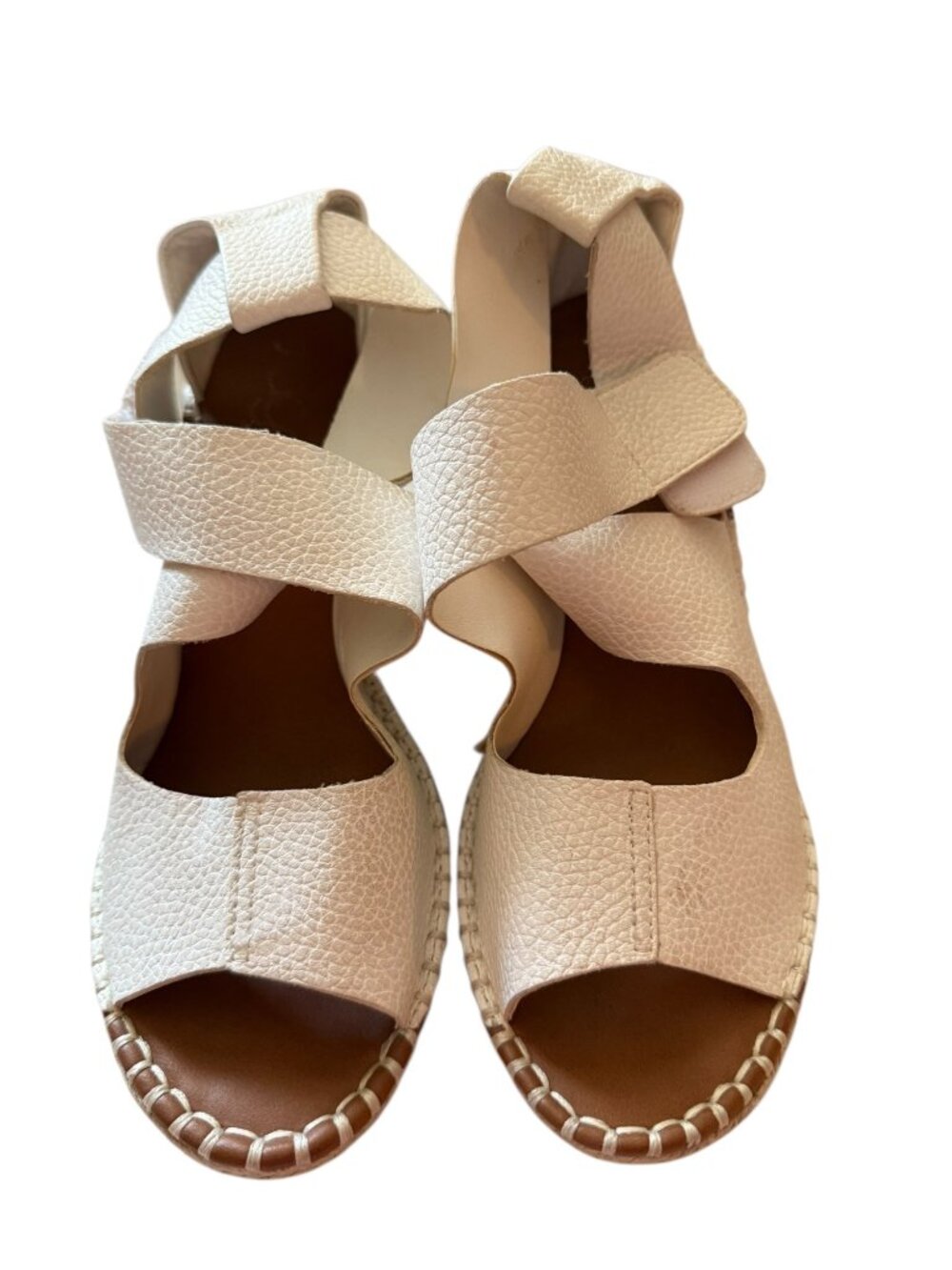 White Peep Toe Strappy Wedge Sandals Size 7 Faux Leather With Braided Heel